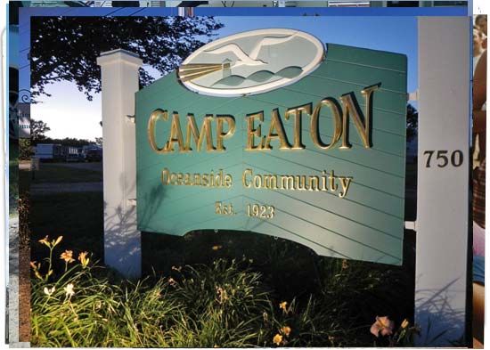 Camp Eaton logo stylized seagull, Cape Neddick Light, rocky coast, Oceanside Community, Est.1923